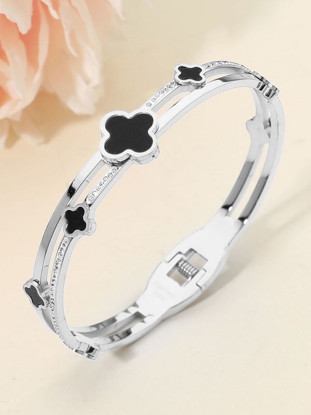 Silver Metal Split Mother Of Pearl CZ Stone Quatrefoil Clover Bracelet Bangle Bl